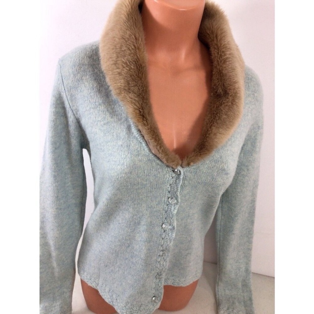 🪺 Boden RARE Fur Collar Wool Cardigan v neck pin up rockabilly Sweater Womens 14